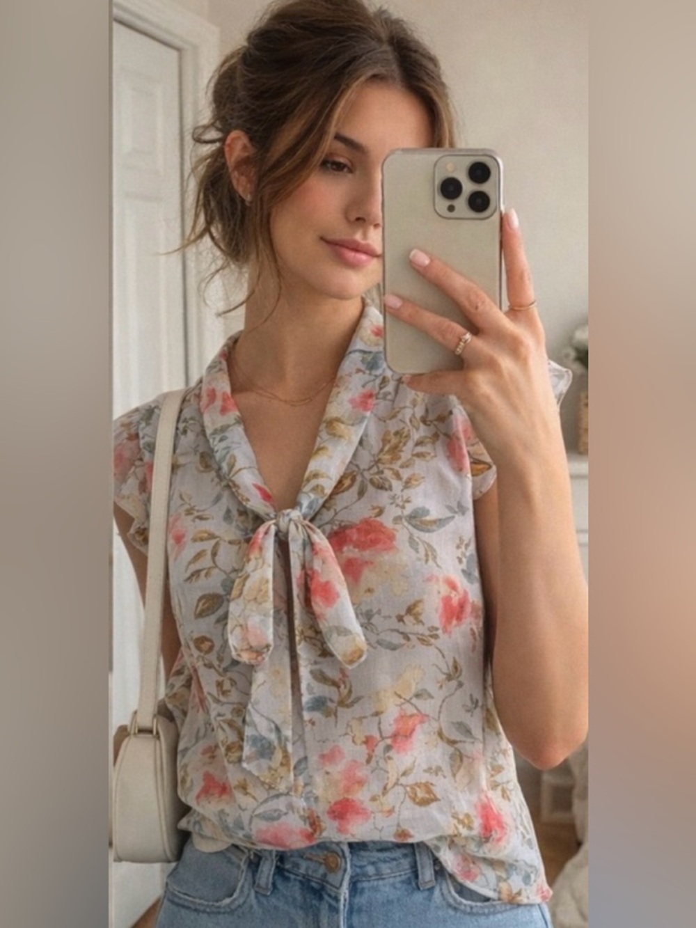 WAYF Floral Tie Neck Blouse Womens L Sheer Chiffon Flutter Sleeve Romantic Top